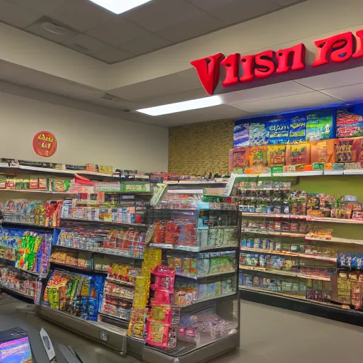 Image similar to Vision working as a 7/11 cashier, wide wide shot, very detailed, hdr photograph, beautiful lighting