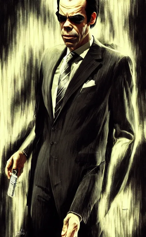 Image similar to full body portrait of nick cave as agent smith as hugo weaving, sumi - e lighting style, intricate linework, artstation, trending, highly detailed, smooth, focus, concept art by glenn fabry, lee bermejo, gabriele dell'otto