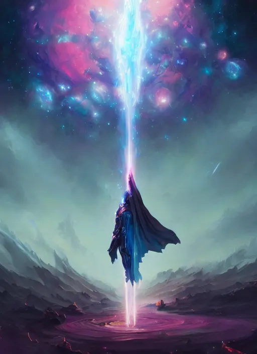 Image similar to cosmic wizard with a cape, epic scene, colors, holy, full body, galaxy, and, stars, atmosphere, unreal engine, video game, ethereal, insanely detailed, symmetrical, concept art, peter mohrbacher, charlie bowater, artstation, craig mullins, cinematic, video game, digital painting, artist maena, 4 k