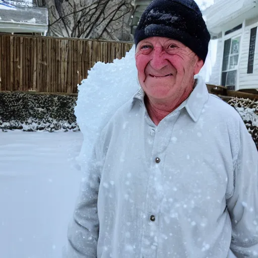 Image similar to a smiling old man covered in snow