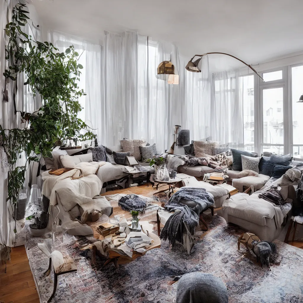 Image similar to award winning interior design apartment, dusk, cozy and calm, fabrics and textiles, colorful accents, secluded, many light sources, lamps, hardwood floors, book shelf, couch, desk, balcony door, plants, photograph magazine, wide angle