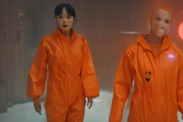 Prompt: a still from the film bladerunner 2 0 4 9 depicting haruka abe wearing an orange prison jumpsuit. a screaming holographic face dominates the background. futuristic medical equipment surrounds haruka abe. sci fi, futuristic,