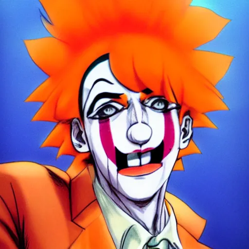 Prompt: a clown wearing orange wig and striped shirt, art by hirohiko araki, hirohiko araki, araki artwork, jjba concept art,