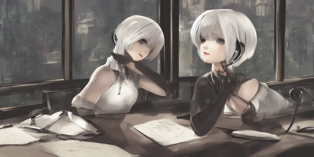 Image similar to 2b from nier automata sitting at a desk studying with headphones on in front of a laptop, background is a tinted window looking out into a white church, Ghibli studio art, high quality anime, photoshop, digital art, detailed facial features, imaginary slice of life