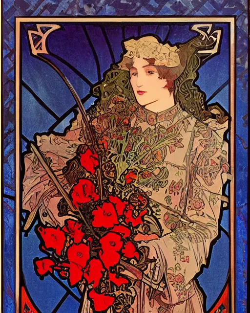 Image similar to A highly realistic painting of a knight with a rose pattern on his armor, red armour with blue pattern, deep moody colors, by Alphonse Mucha, autumn forest