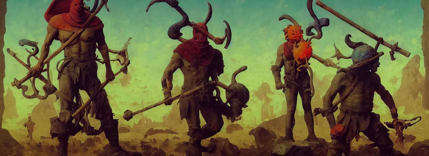 Image similar to full - body portrait surreal colorful clay fighting artstation rpg barbarian character concept art anatomy, action pose, very coherent and colorful high contrast masterpiece by norman rockwell franz sedlacek hieronymus bosch dean ellis simon stalenhag rene magritte gediminas pranckevicius, dark shadows, sunny day, hard lighting, reference sheet white! background