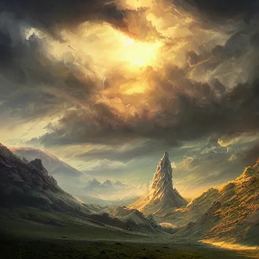 Image similar to fantasy book cover painting, dramatic shot of a lively landscape in the country, wallpaper by Ross Tran