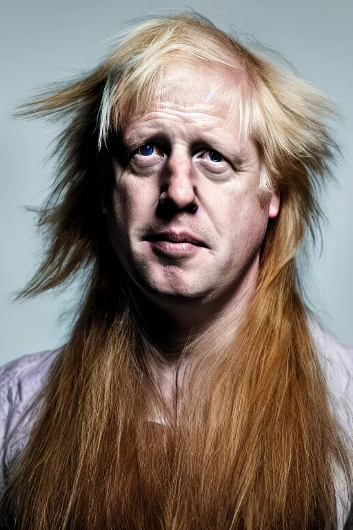 Prompt: boris johnson with very long hair, tied in ponytail, photographed, portrait, photographic, hdr, 4 k