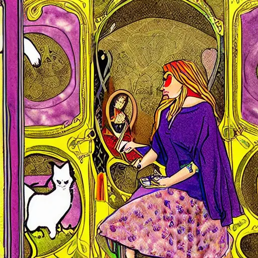 Image similar to Gypsy lady doing tarot card reading inside a gypsy caravan surrounded by cats in art nouveau style