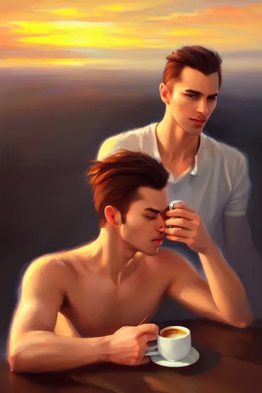 Prompt: attractive man drinking coffee, sunset, painting by vladimir volegov, ross tran, tom of finland, trending on artstation