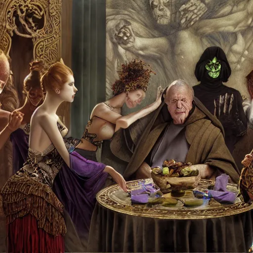 Prompt: emperor palpatine eating grapes with dancing girls surrounding him, intricate detail, royo, klimt, miro, vallejo, frazetta, giger, whealan, hd, unreal engine,