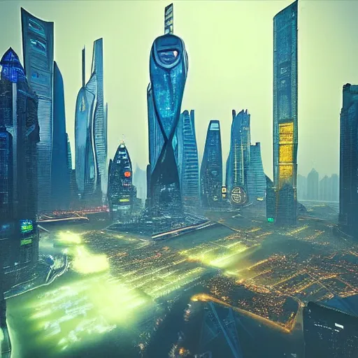 Prompt: “cyberpunk Shanghai, ultra futuristic, ascension of humanity, intelligence, and reality with thousands of mega skyscrapers”