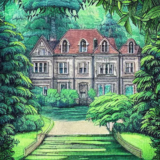 Image similar to beautiful old mansion surrounded by lushwoods in style of ghibli