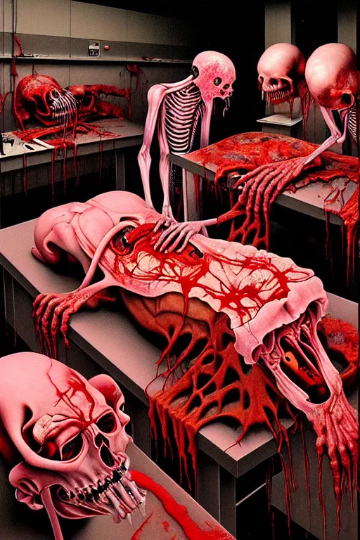 Image similar to a hyperrealistic painting of a horror slaughter house autopsy room with evil surgeons and scary creatures, cinematic horror by chris cunningham, lisa frank, richard corben, highly detailed, vivid color, beksinski painting, part by adrian ghenie and gerhard richter. art by takato yamamoto. masterpiece