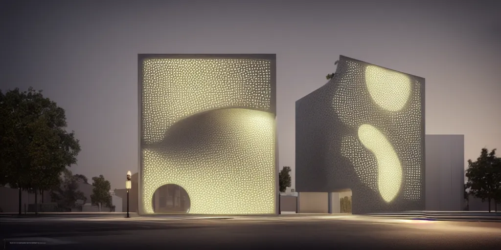 Prompt: A beautiful architectural rendering of a trypophobia house with a mysterious glow emitting from inside in a modern city street, by octane render and corona render