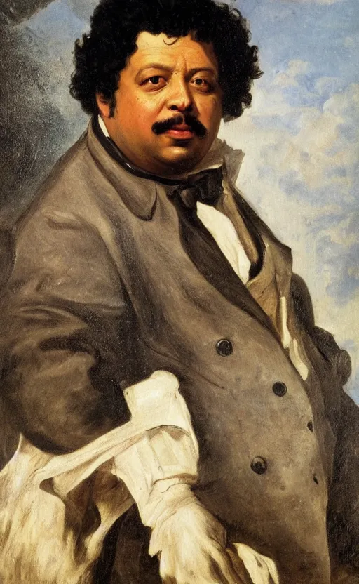 Image similar to Portrait of Alexandre Dumas, oil on canvas, highly detailed, by Delacroix, 8k