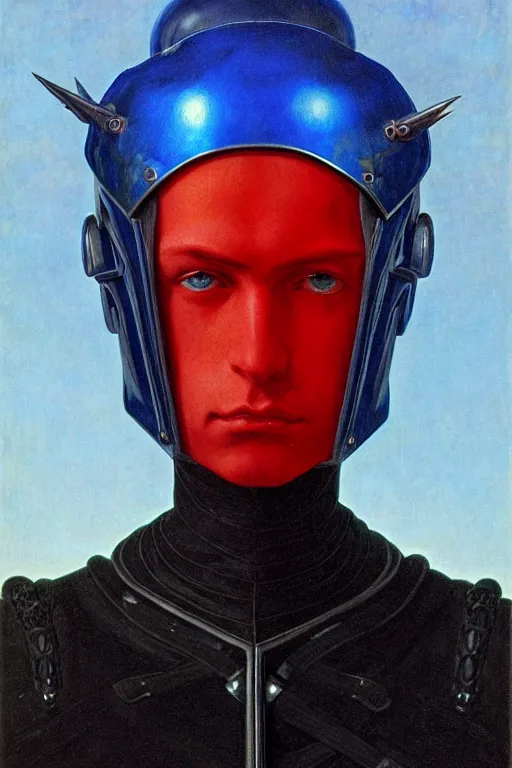 Image similar to portrait of beautiful gothic and futuristic young man, warhammer, cyber armor, a lot of scars, thunderstorm, blue head, red eyes, the middle ages, highly detailed, artstation, illustration, more and more compostion, 8 k quality, art by rene magritte, jean delville