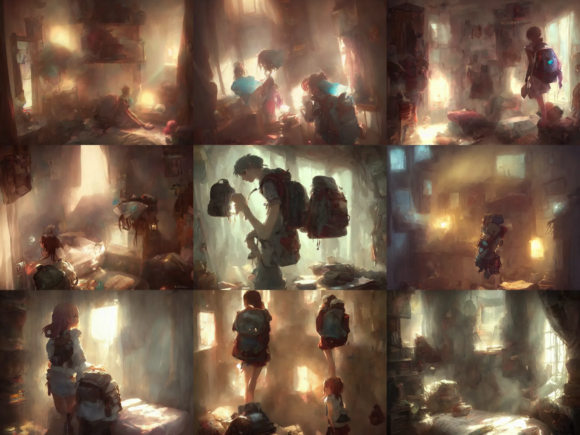 Prompt: a magical backpack in a teenager's room by krenz cushart, fantasy, dramatic light