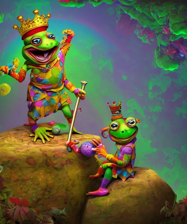 Image similar to clown frog king pulls the sword from the stone, clown frog king wearing clown makeup and rainbow wig, clown crown artwork by Todd Schorr, 3D rendering by Beeple