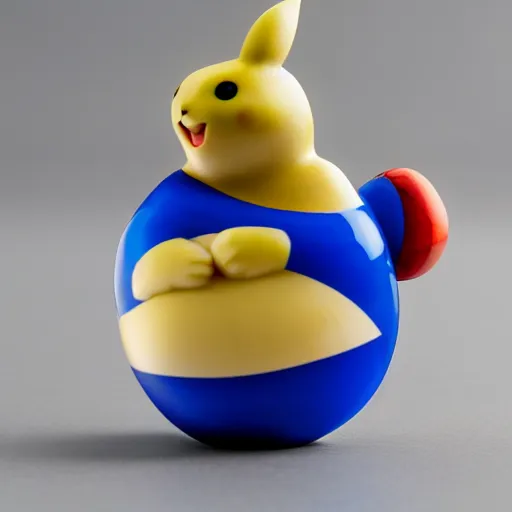 Image similar to a zoomed out studio product shot of a rounded carved smooth cherry wood and resin pikachu in profile, like a catalog photograph, where distinct sections of the carving are blue resin, but is mostly wood, with a smooth featureless minimalist short wooden nose with no nostrils, and a round minimalist behind