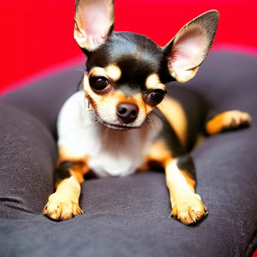 Prompt: a photograph of a small black and tan chihuahua, sat on a red velvet cushion, early morning light, fuji velvia, 50mm focal length