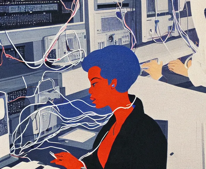 Prompt: dark skin woman wearing a white lab coat dark, blue bob haircut to shoulder, body connected to wires, connected to 1 9 8 0 s computers, painted by yoshitoshi abe, dynamic lighting, dark ambience,