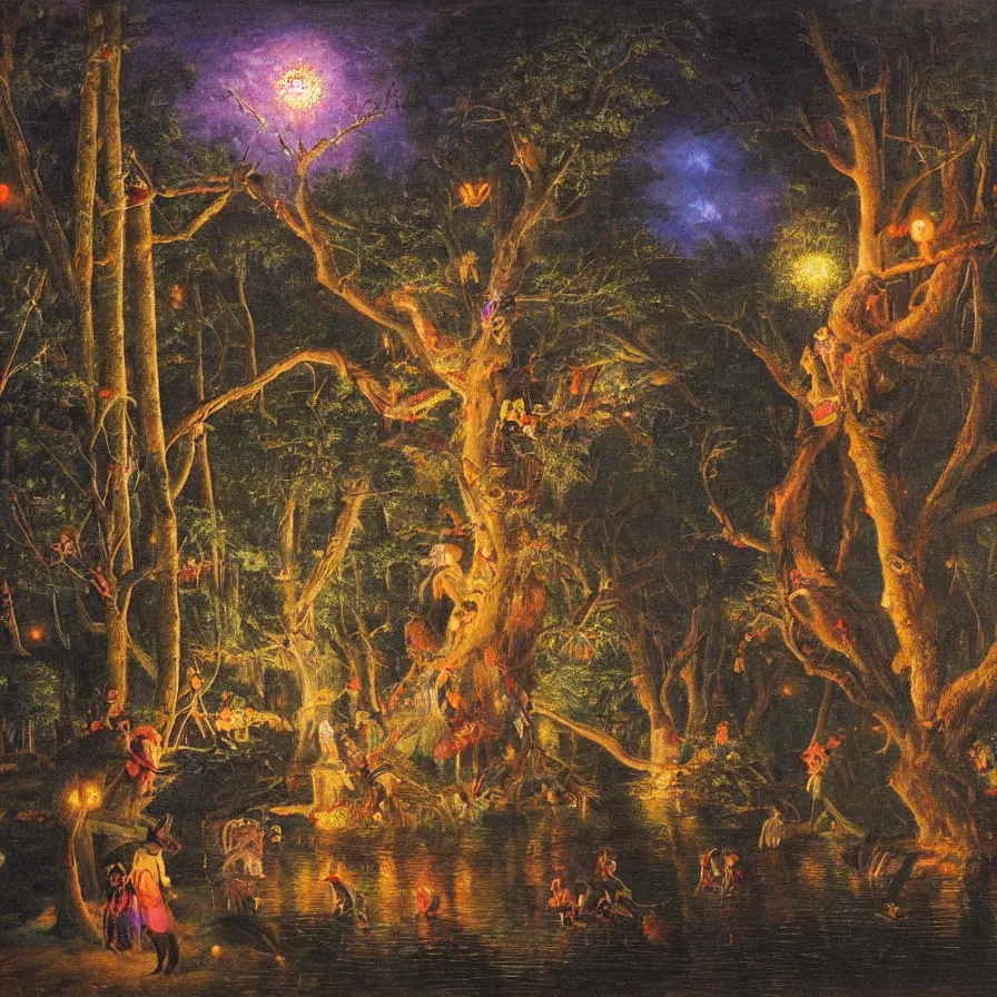 Image similar to a night carnival around a magical tree cavity, with a surreal orange moonlight and fireworks in the background, next to a lake with iridiscent water, christmas lights, folklore animals and people disguised as fantastic creatures in a magical forest by summer night, masterpiece painted by rogelio de egusquiza, dark night environment