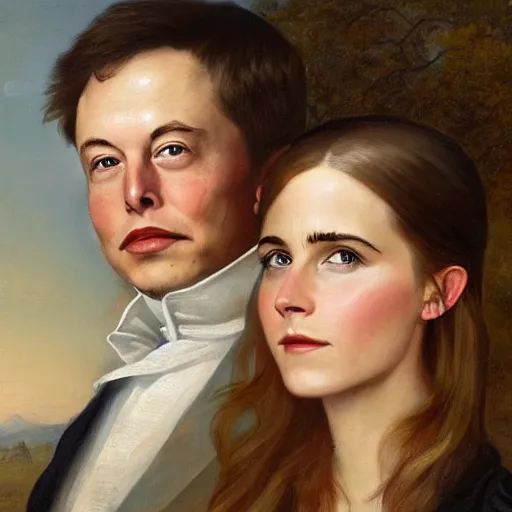 Image similar to elon musk ( left ) and emma watson in an 1 8 5 5 painting by elisabeth jerichau - baumann. painting, oil on canvas