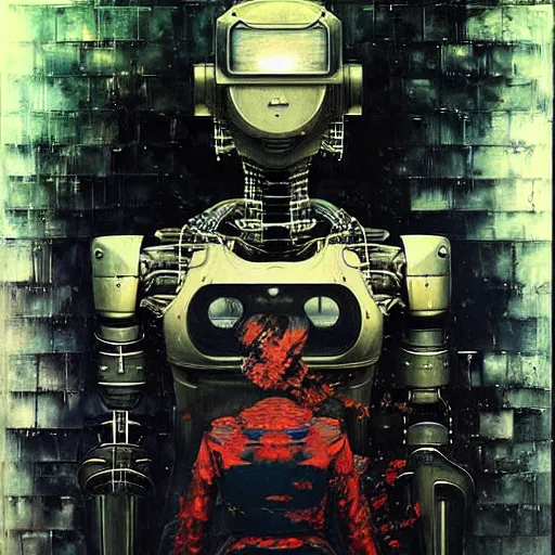 Prompt: a portrait of a robot with high tech armor, high detailed greg rutkowski painting, by adrian ghenie and gerhard richter. art by takato yamamoto. masterpiece, deep colours.