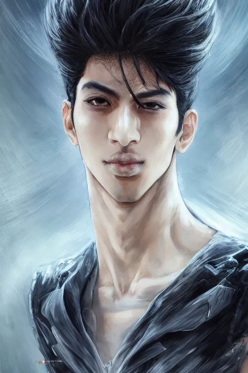 Image similar to beautiful medium shot portrait of a young arabic man casually dressed inspired by ayami kojima, three - quarters portrait, white background white bank studio light, artstation, movie poster, art by yoshitaka amano, hiroaki samura, jiro matsumoto and yusuke murata, sharp focus, high quality, 8 k