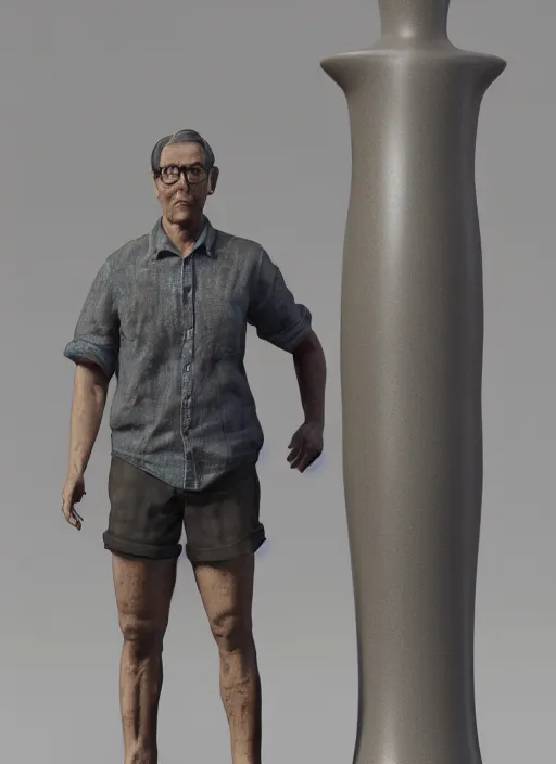 Image similar to a sculpture of a man standing next to a tall vase, a raytraced image by Hikari Shimoda, polycount, video art, vray tracing, ray tracing, rendered in unreal engine