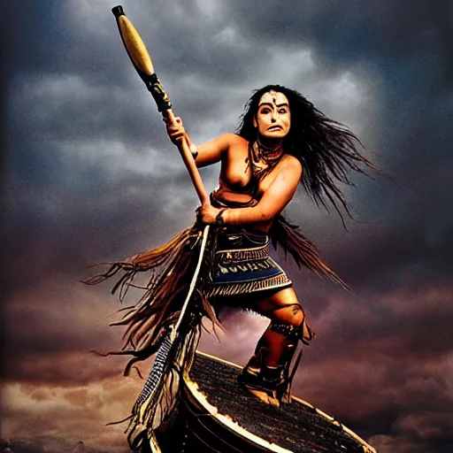 Image similar to Maori warrior princess on ancient steam punk hooverboard, storm outside by david LaChapelle