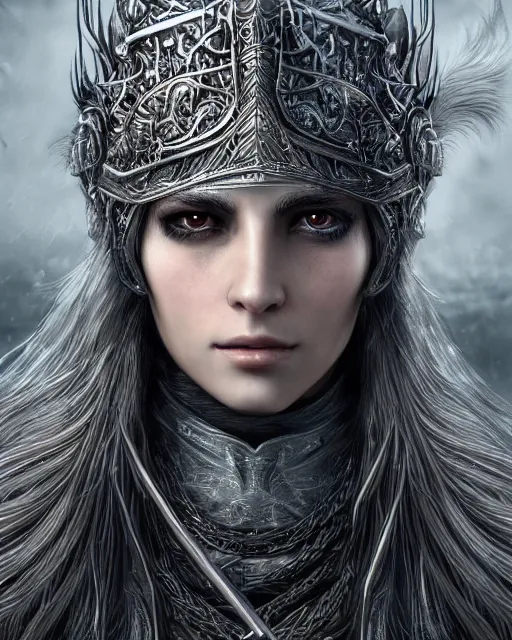 Prompt: highly detailed sharp photorealistic portrait of a beautiful female hunter with shimmering hair, symmetrical face and eyes, dressed in intricate silver, cgsociety, Elden Ring, Dark Souls, Bloodborne