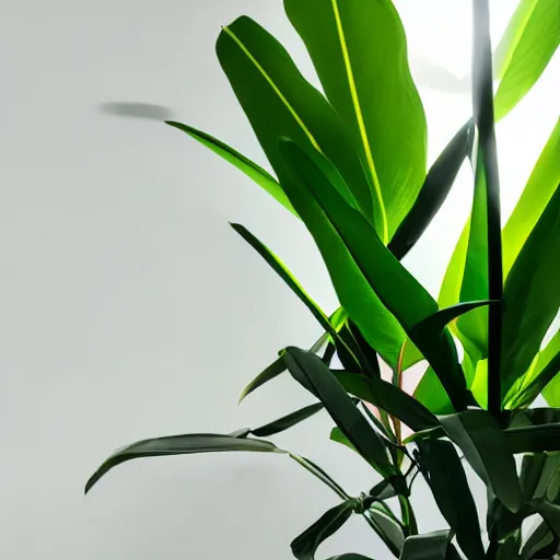 Prompt: an ultra high definition professional studio quality photograph of a transparent iridescent perspex pastel coloured jungle leaves on a plant in an empty white room. dramatic lighting, ray tracing, refraction, shallow d. o. f, colour corrected, golden ratio, three point light. volumetric shadows. god rays.