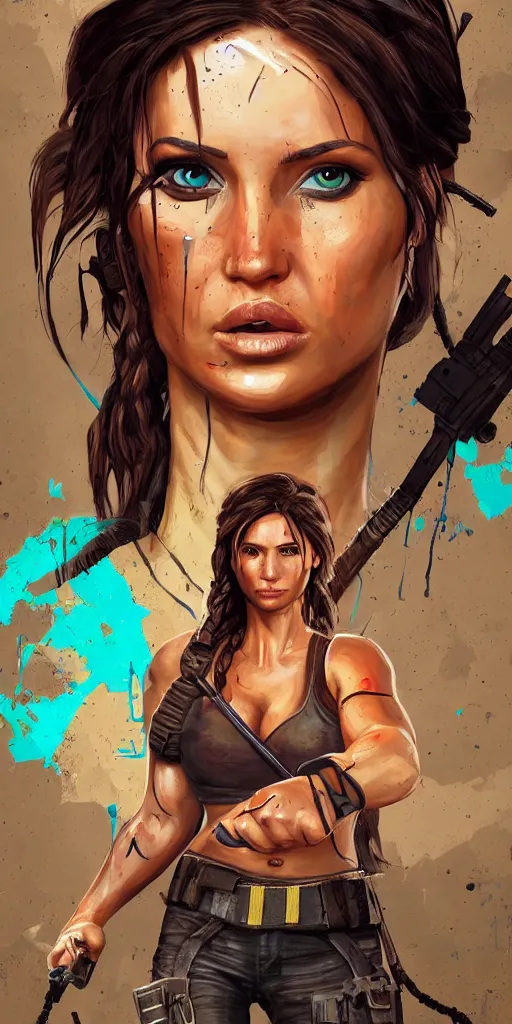 Prompt: portrait of lara croft in the style of 3 d! graffiti, gradients, extreme wide angle, arrows, drips, in the style of daim, totem, fleks, odeith