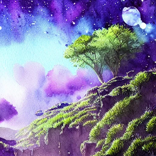 Image similar to beautiful lush natural scene on another planet, with interesting creatures. different than earth but beautiful. lightfall. beautiful detailed artistic watercolor. trending on artstation and deviantart.