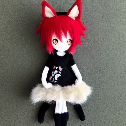 Image similar to cute fumo plush fox girlboss, floppy ears, gothic maiden, alert, furry anime, smile