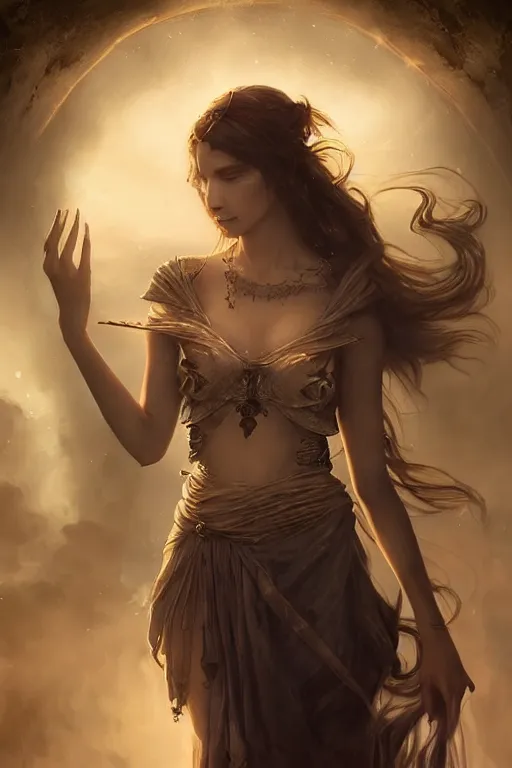 Image similar to seductive looking sorceress prays!!! magic the gathering, windy hair!, surreal dark fantasy, cinematic volumetric lights, portrait, dnd, intricate, elegant, highly detailed, digital painting, artstation, concept art, smooth, sharp focus, illustration, art by artgerm and tom bagshaw and greg rutkowski and alphonse mucha