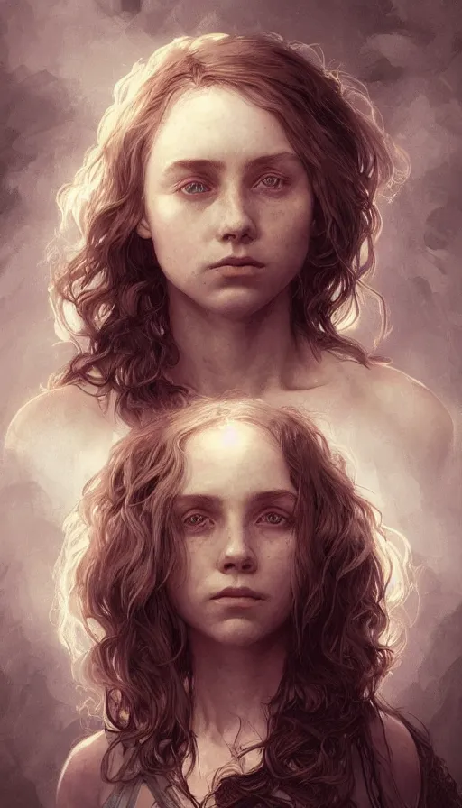 Image similar to Sophia Lillis, long hair, sweaty, insane, intricate, highly detailed, digital painting, artstation, concept art, smooth, sharp focus, illustration, Unreal Engine 5, 8K, art by artgerm and greg rutkowski and alphonse mucha