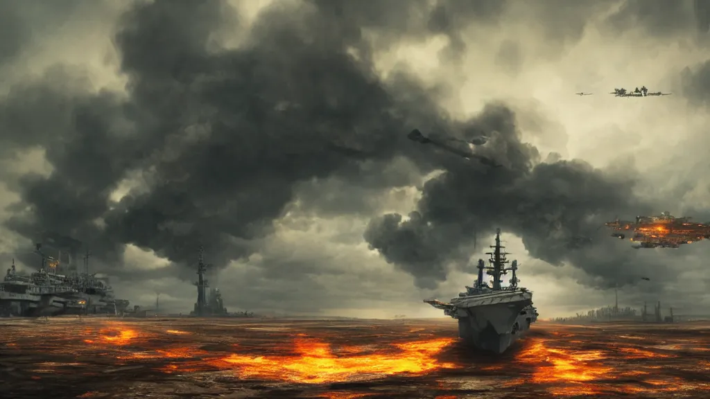 Image similar to an immense steampunk aircraft carrier crashed and burning in a field, thick black smoke billowing, turbulent storm clouds, dystopian, sharp focus, octane render, imax