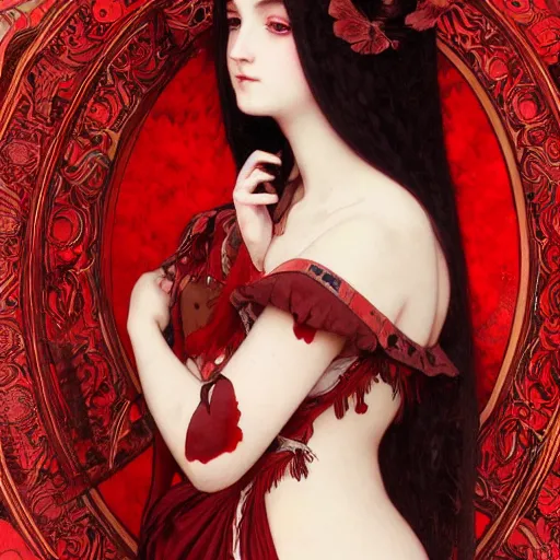 Prompt: goth girl wearing dress covered in red paint, intricate, art by artgerm and greg rutkowski and alphonse mucha and william - adolphe bouguereau, high detailed, 4 k,