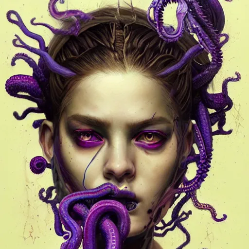 Image similar to art portrait of a furious girl with purple tentacles on her head, 8 k, by tristan eaton, stanley artgermm, tom bagshaw, greg rutkowski, carne griffiths, trending on deviantart, face enhance, hyper detailed, full of colour