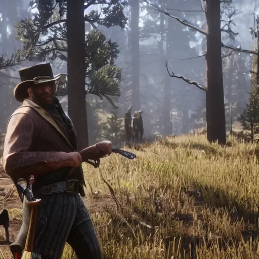 Prompt: arthur morgan cuts a tree in red dead redemption 2