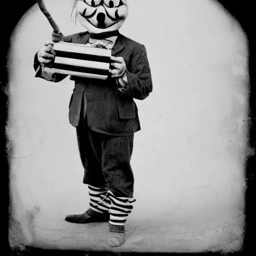 Image similar to old 1920's photograph of an fire breathing clown. Clown wears chaplins clothes. Black and white picture. Highly detailed. High definition. Artstation.