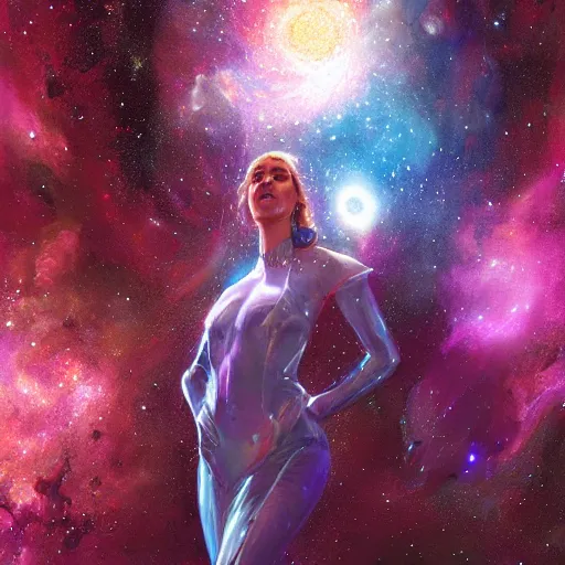 Image similar to Portrait of a cosmic goddess, suit made of stars, galaxy and nebulas, intricate, cinematic lighting, highly detailed, digital painting, artstation, concept art, smooth, sharp focus, illustration, art by Artgerm and Greg Rutkowski