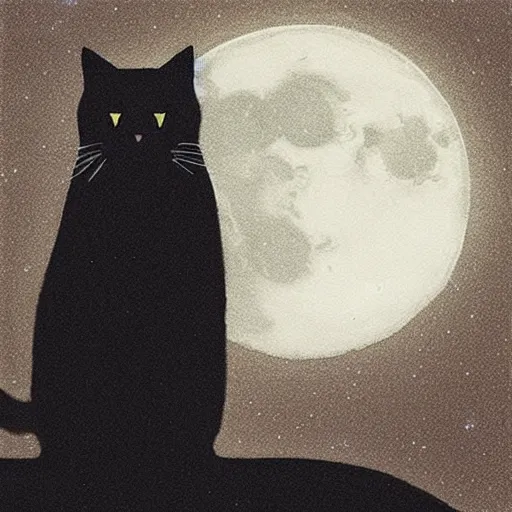 Image similar to “A black cat on top of a building at night with a full moon in the style of Vincent Van Vogh”