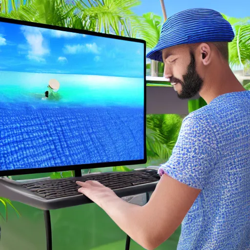 Image similar to man in a blue bucket hat playing a midi controller launchpad ableton live from a beautiful island in the tropics, photo realistic, 4 k render, cinema 4 d, maya, zbrush, portrait,