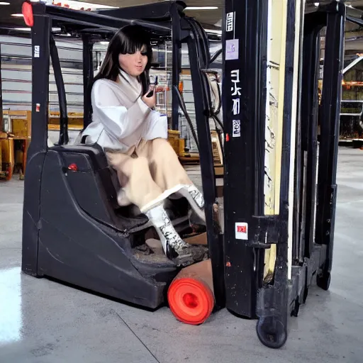 Image similar to a person cosplaying homura akemi operating a forklift