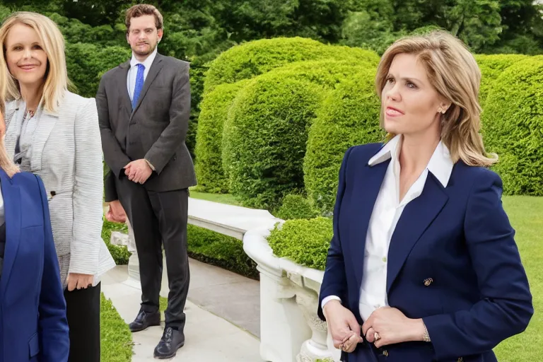 Prompt: press photo of a beautiful thirtysomething powerful white female president in a suit, being held romantically by her two younger white boyfriends in the white house rose garden, professional photo, press photo, glamorous, 8 k photorealistic, very detailed