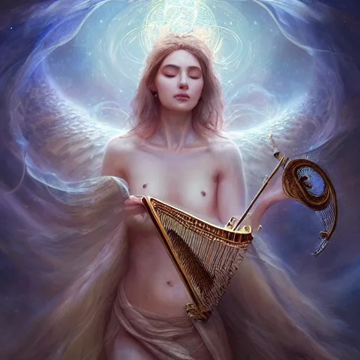 Image similar to a high quality realistic portrait of a very very beautiful! celestial interdimensional goddess playing a mystical harp and springing life into the universe, highly detailed, intricate, sharp focus, fantasy, mystical, dreamlike, cinematic lighting by WLOP and greg rutkowski